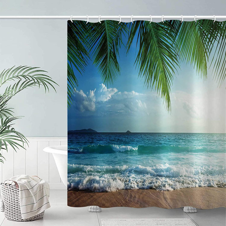 Tropical Seaside Beach Palm Tree Fabric Shower Curtain Set Bathroom